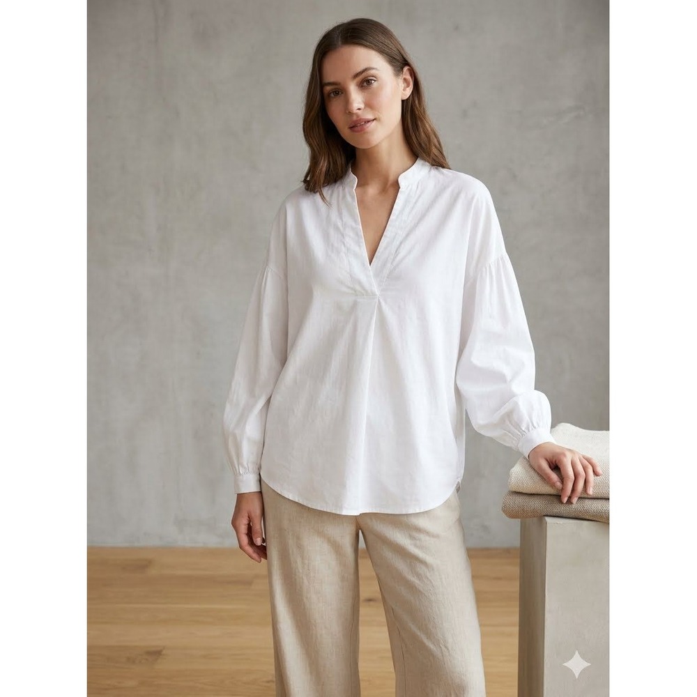 Grade & Gather White V-Neck Balloon Sleeve Blouse Top Style 40154 Small